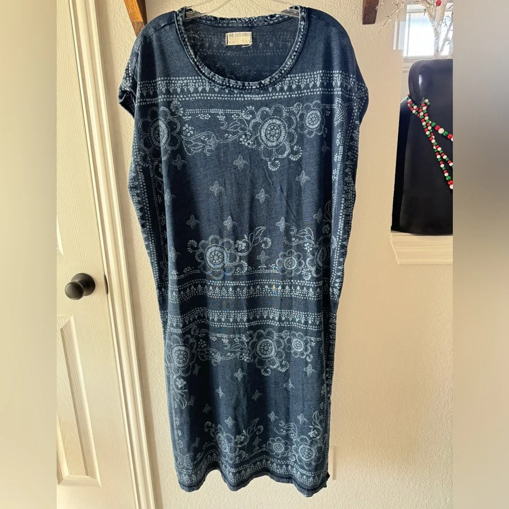 Free People Navy Blue Bandana Print Short Sleeve Tunic